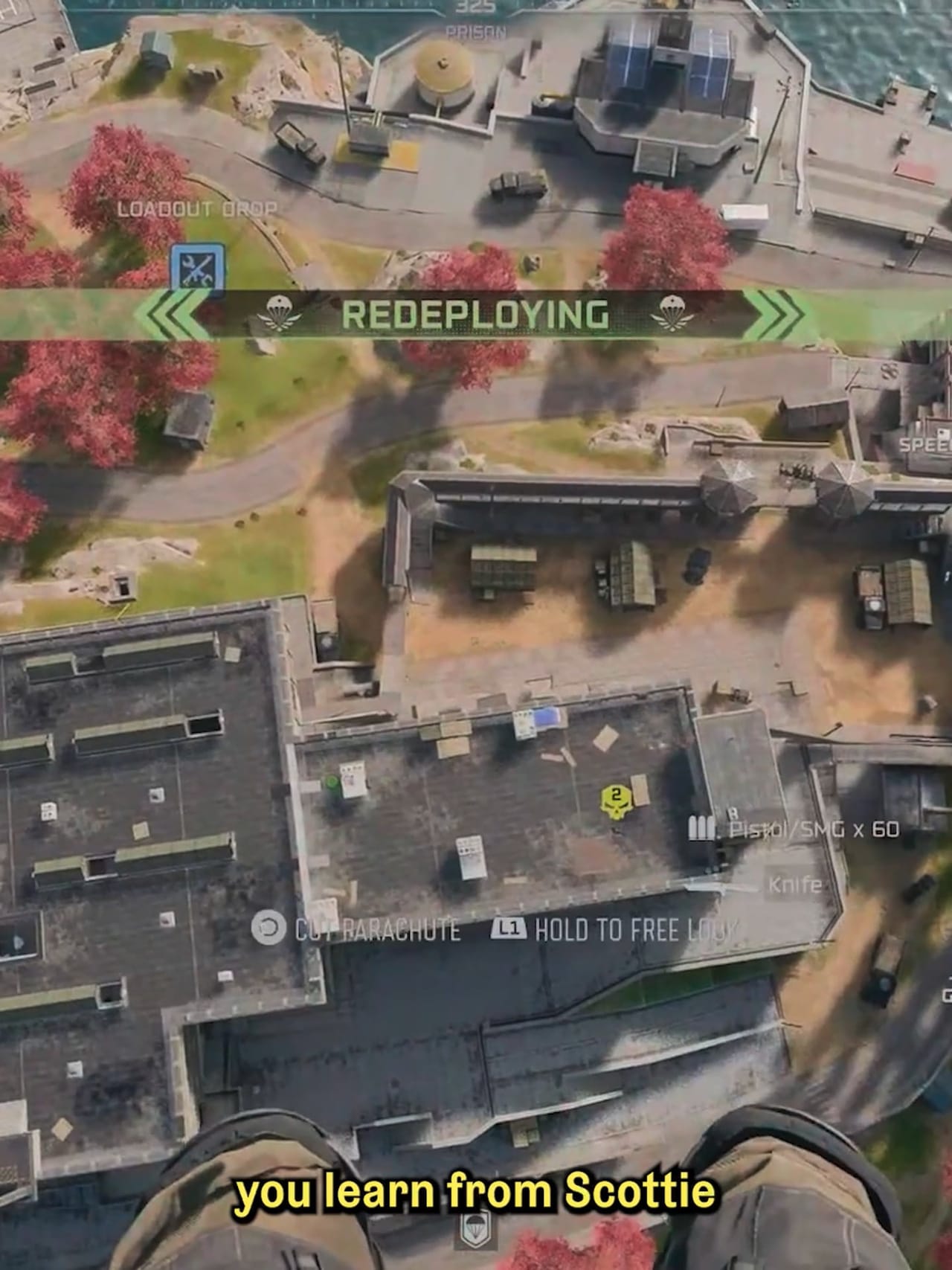 Call of Duty gameplay from above: Si Woo’s soldier parachutes toward a base, the word Redeploying across the top and a subtitle reading “you learn from Scottie”