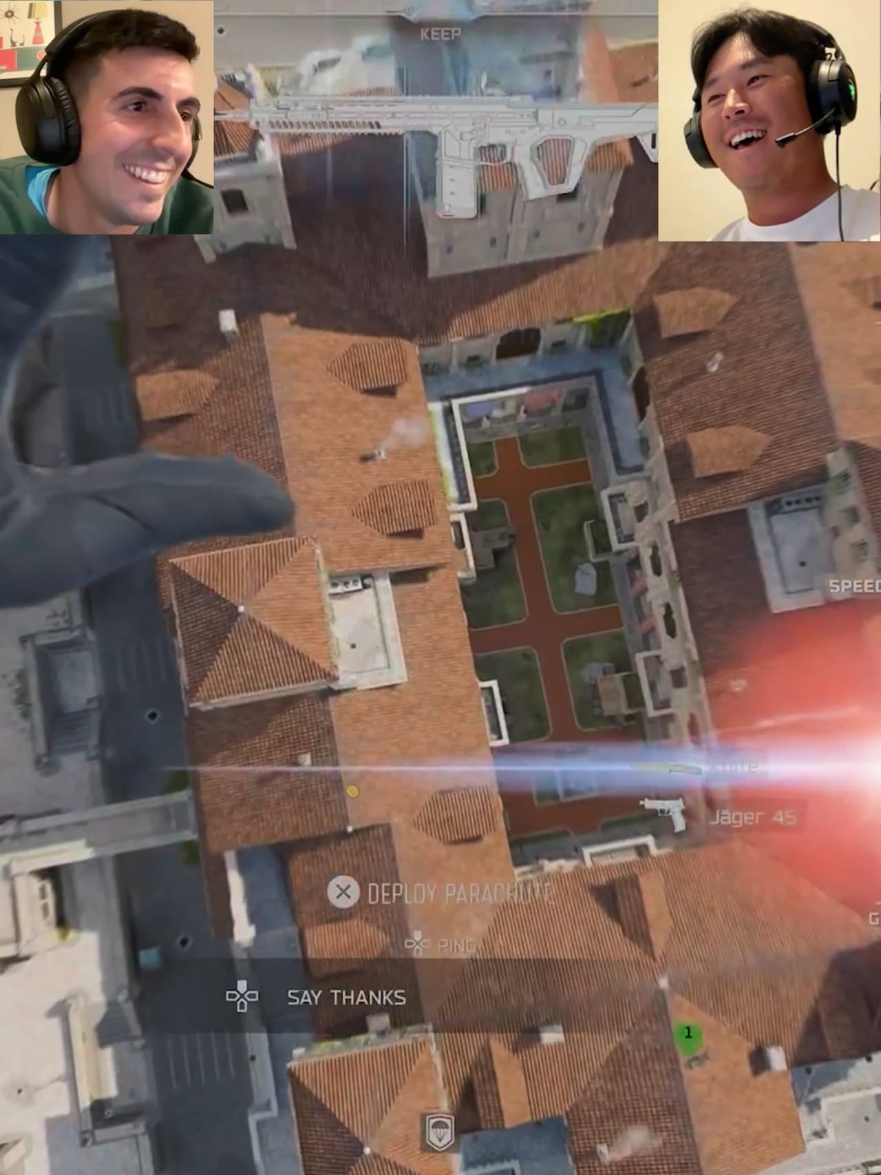 Call of Duty gameplay from above a walled city, with Joseph LaMagna and Si Woo Kim grinning in headset webcam boxes at the top corners