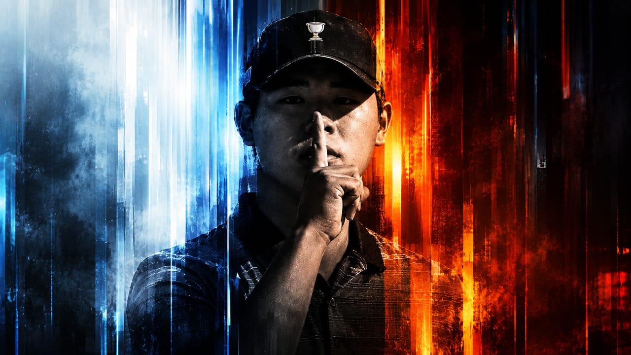Si Woo Kim, in a Presidents Cup cap, holds a finger to his lips against a wall of blue and orange light