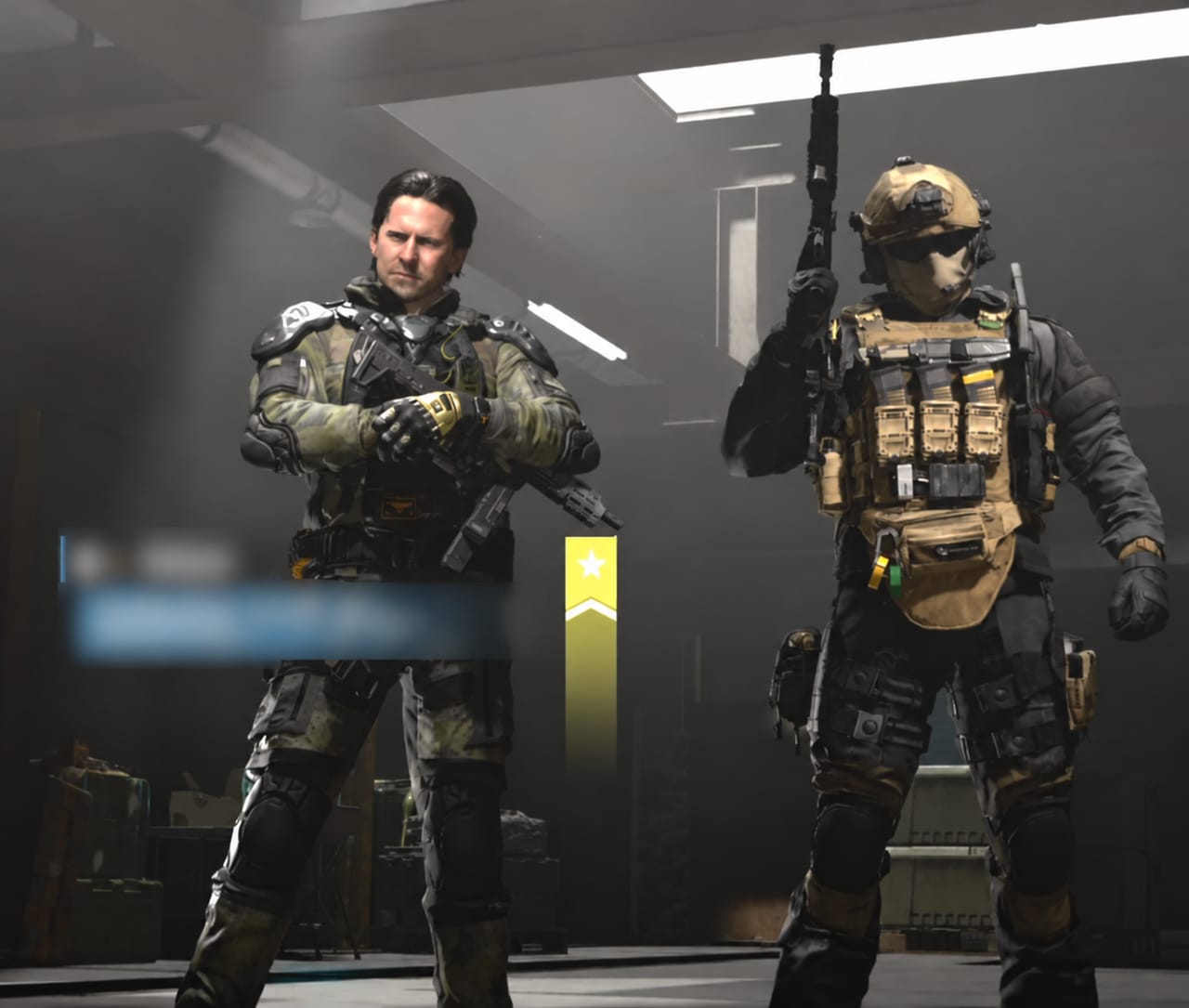 Two Call of Duty operators side by side in a dim warehouse lobby — one in camo with a rifle across his chest, one in a tan plate carrier and helmet with his rifle raised